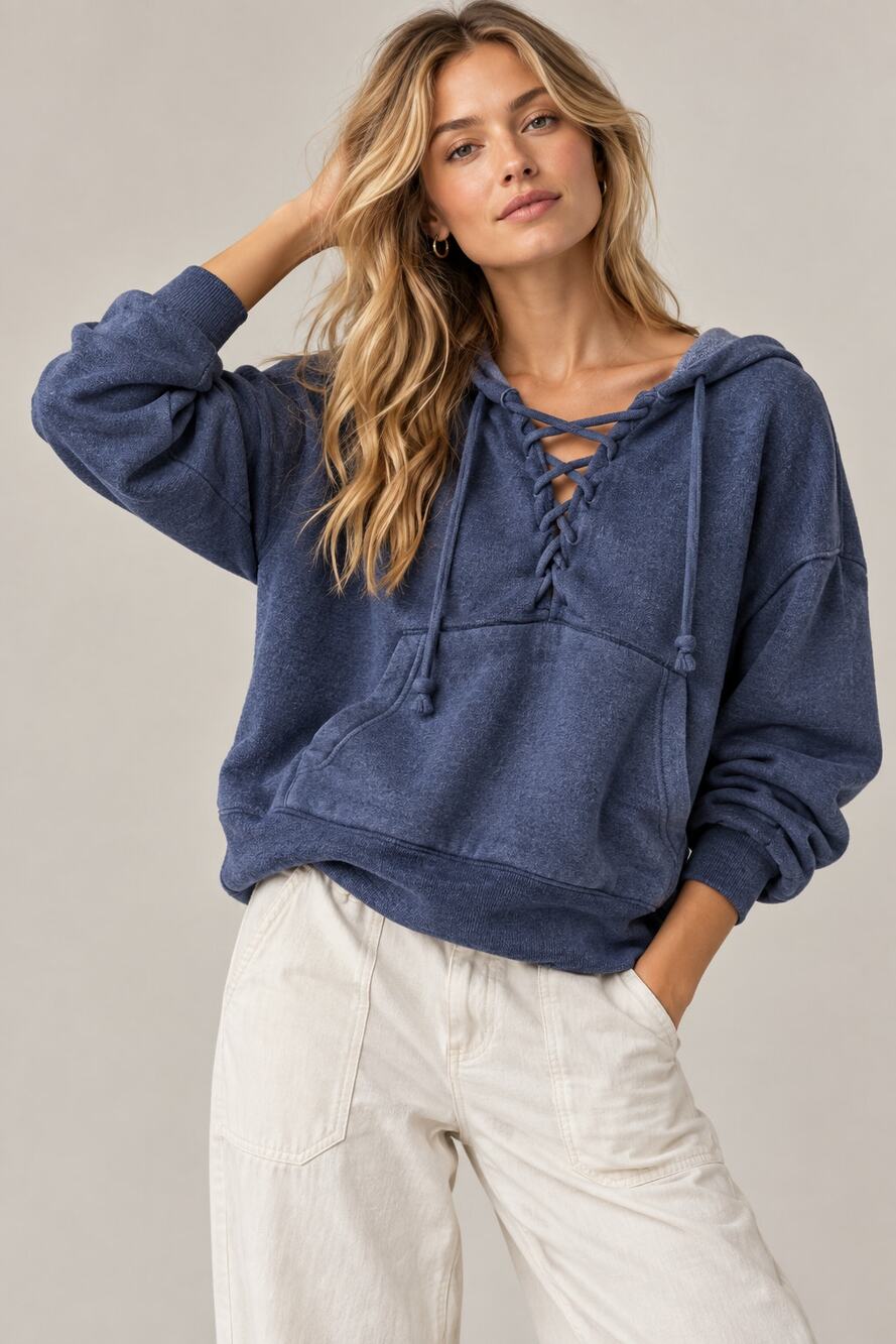 Free People FP Movement Believe It Lace-Up Cropped Hoodie Heathered Blue Size M